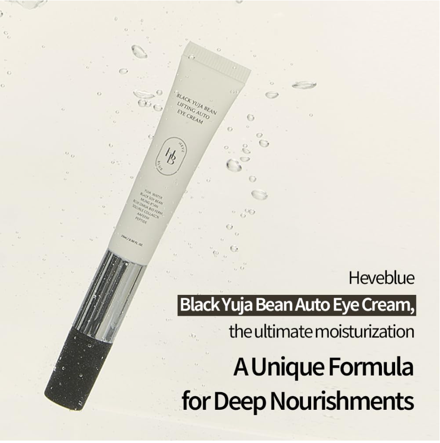 A tube of Heveblue Black Yuja Bean Auto Eye Cream is shown diagonally against a light cream background with water droplets. The tube is white with black text and a black cap, accompanied by promotional text on the right. Heveblue Black Yuja Bean Lifting Auto Eye Cream 15ml