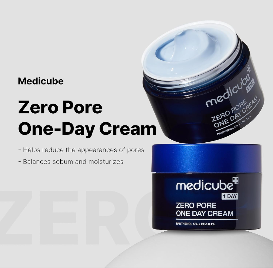 Two jars of Medicube Zero Pore One-Day Cream on a light gray background, Medicube Zero Pore One Day Cream 50ml