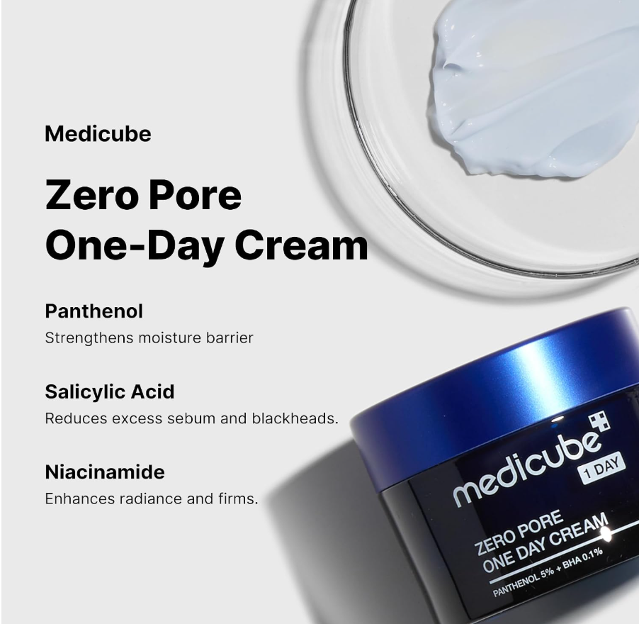 Medicube Zero Pore One-Day Cream jar with open lid showing cream, on a light gray background. Medicube Zero Pore One Day Cream 50ml