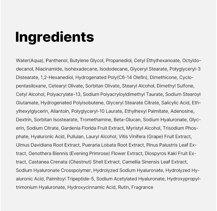 List of ingredients on a white background, Medicube Zero Pore One Day Cream 50ml