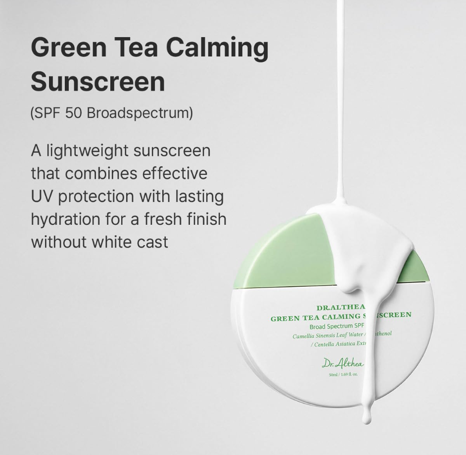 Dr. Alhake Green Tea Calming Sunscreen SPF 50 Broad Spectrum in a white and light green circular jar, with a white cream product dripping from the top, set against a light gray background with descriptive text. Dr. Althea Green Tea Calming Sunscreen 50ml