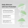 Three round skincare jars with pale green and white lids are shown on a light gray background beside text describing daily skincare with sun protection, including UV protection, antioxidant defense, and gentle soothing care. The visible brand on the jars is Dr. Dr. Althea Green Tea Calming Sunscreen 50ml