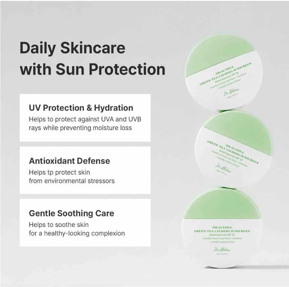 Three round skincare jars with pale green and white lids are shown on a light gray background beside text describing daily skincare with sun protection, including UV protection, antioxidant defense, and gentle soothing care. The visible brand on the jars is Dr. Dr. Althea Green Tea Calming Sunscreen 50ml