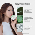 A woman holds a round skincare jar next to a white background with text reading 'Key Ingredients' and three ingredient callouts: Camellia Sinensis Leaf Water, Centella Asiatica & Houttuynia Cordata Extract, and Ectoin & Panthenol. The image is a promotional graphic rather than a plain product-only shot. Dr. Althea Green Tea Calming Sunscreen 50ml