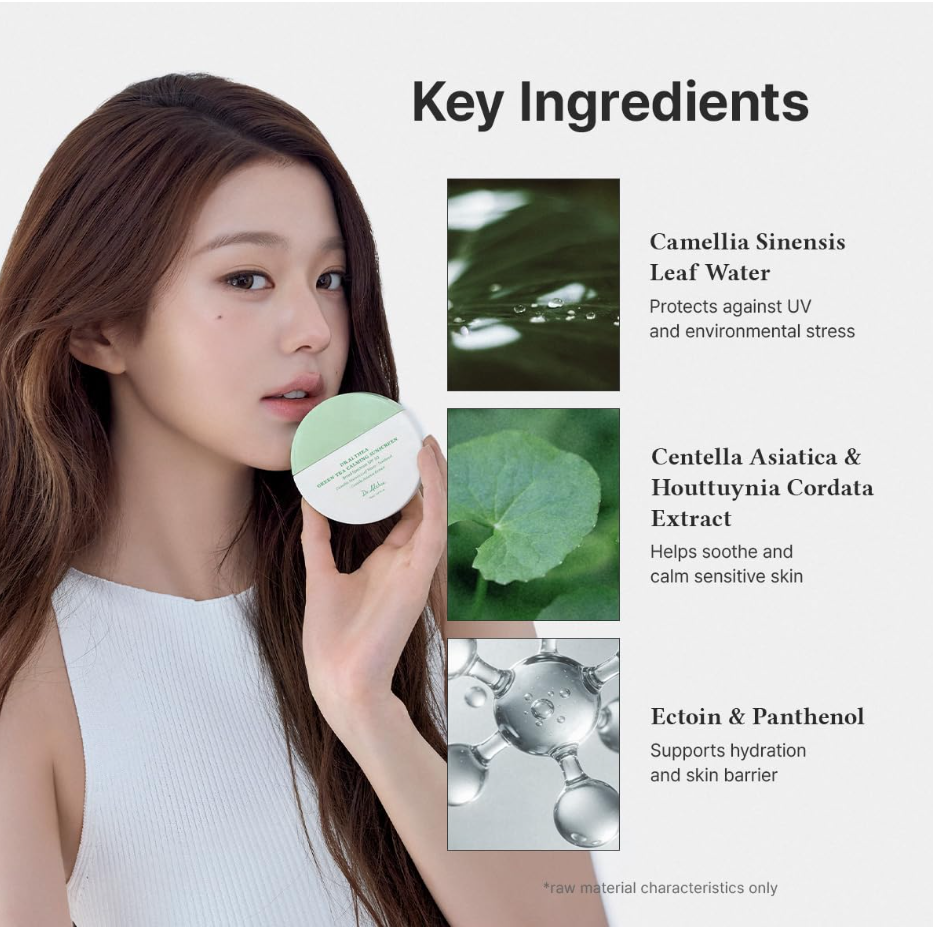 A woman holds a round skincare jar next to a white background with text reading 'Key Ingredients' and three ingredient callouts: Camellia Sinensis Leaf Water, Centella Asiatica & Houttuynia Cordata Extract, and Ectoin & Panthenol. The image is a promotional graphic rather than a plain product-only shot. Dr. Althea Green Tea Calming Sunscreen 50ml