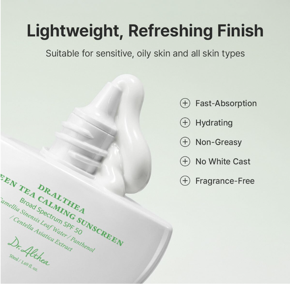 Dr. Altea Dralthea Tea Calming Sunscreen SPF 50 in a white squeeze bottle with a thick white smear of sunscreen on the label, set against a pale green background with product benefits listed on the right. Dr. Althea Green Tea Calming Sunscreen 50ml