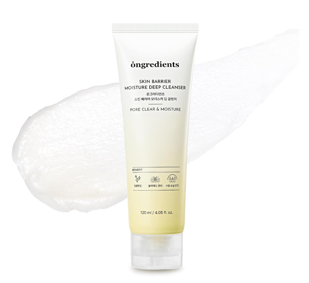 A 120 ml squeeze tube of öngredients Skin Barrier Moisture Deep Cleanser, featuring a white-to-cream gradient design with black text, set against a white background with a soft white cream smear behind it. Ongredients Skin Barrier Moisture Deep Cleanser 120ml