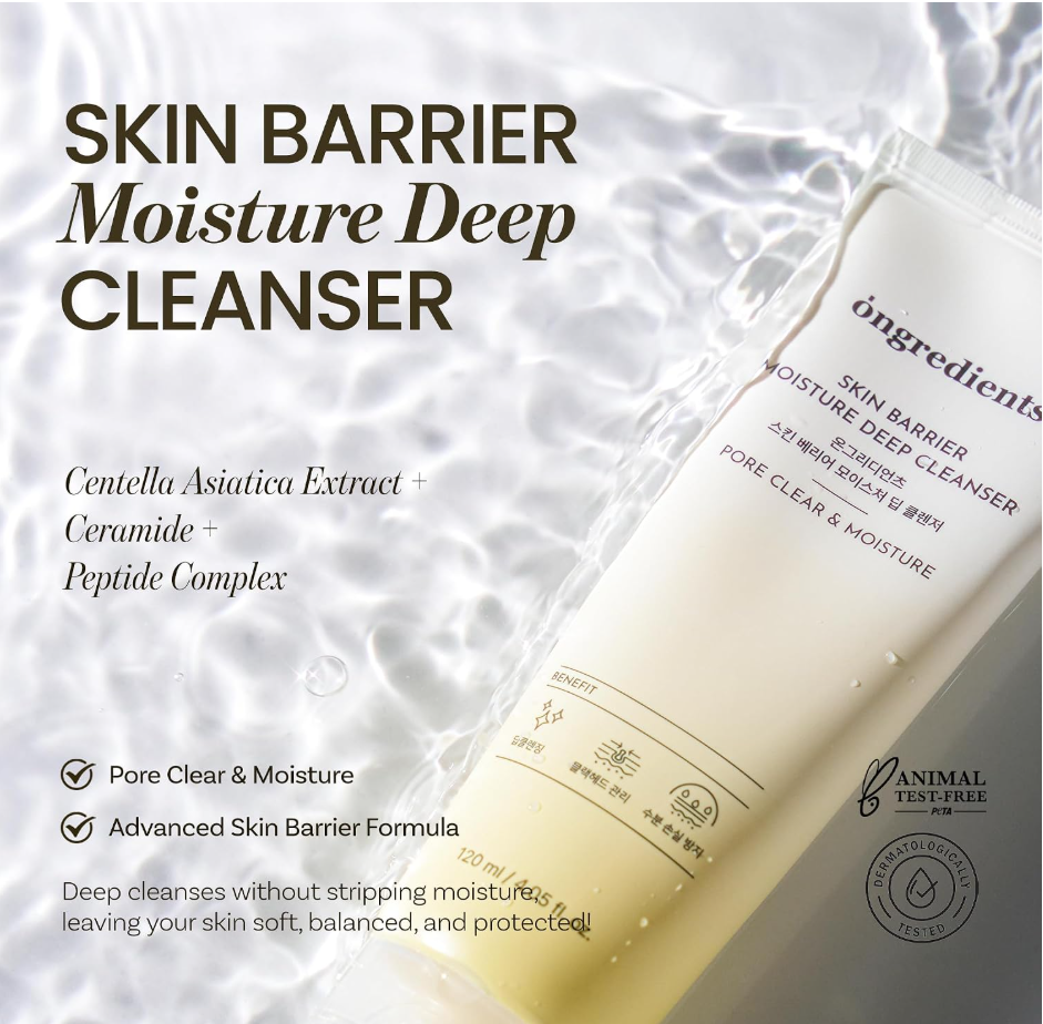 Skin barrier moisture deep cleanser with product details on a water background, Ongredients Skin Barrier Moisture Deep Cleanser 120ml
