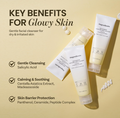 Three white skincare tubes labeled 'ingredients' arranged on a warm beige background with promotional text about key benefits for glowing skin, including gentle cleansing, calming & soothing, and skin barrier protection. Ongredients Skin Barrier Moisture Deep Cleanser 120ml