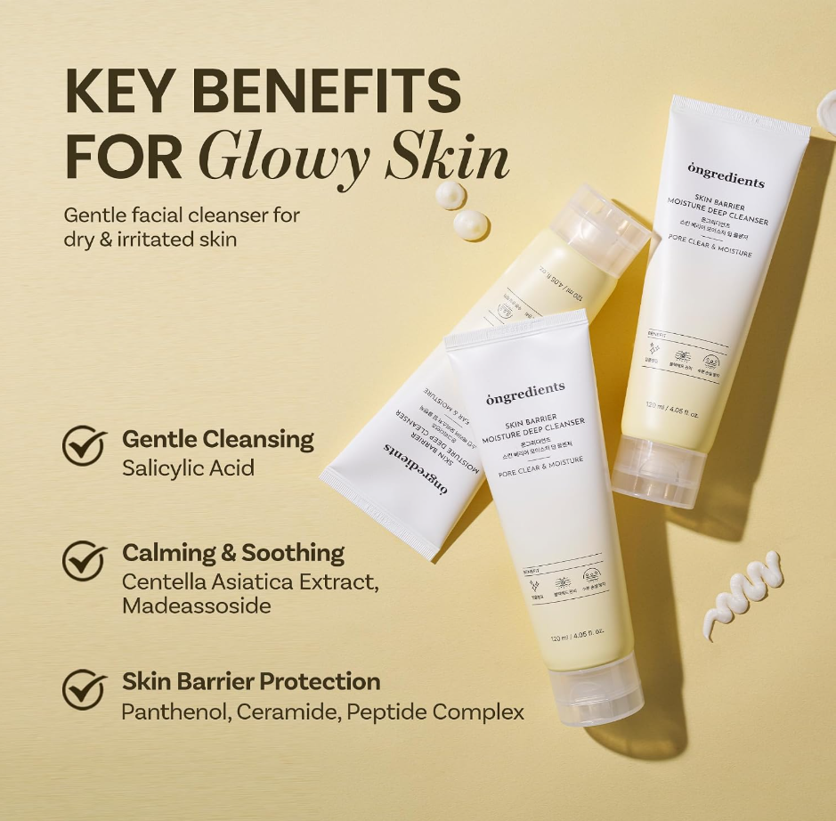 Three white skincare tubes labeled 'ingredients' arranged on a warm beige background with promotional text about key benefits for glowing skin, including gentle cleansing, calming & soothing, and skin barrier protection. Ongredients Skin Barrier Moisture Deep Cleanser 120ml