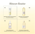 A skincare routine infographic on a pale cream background with the heading 'Skincare Routine.' It shows four labeled products arranged in a 2x2 grid: a cleanser tube, a softener bottle, a serum dropper bottle, and a lotion bottle, each with product name and English descriptors. Ongredients Skin Barrier Moisture Deep Cleanser 120ml