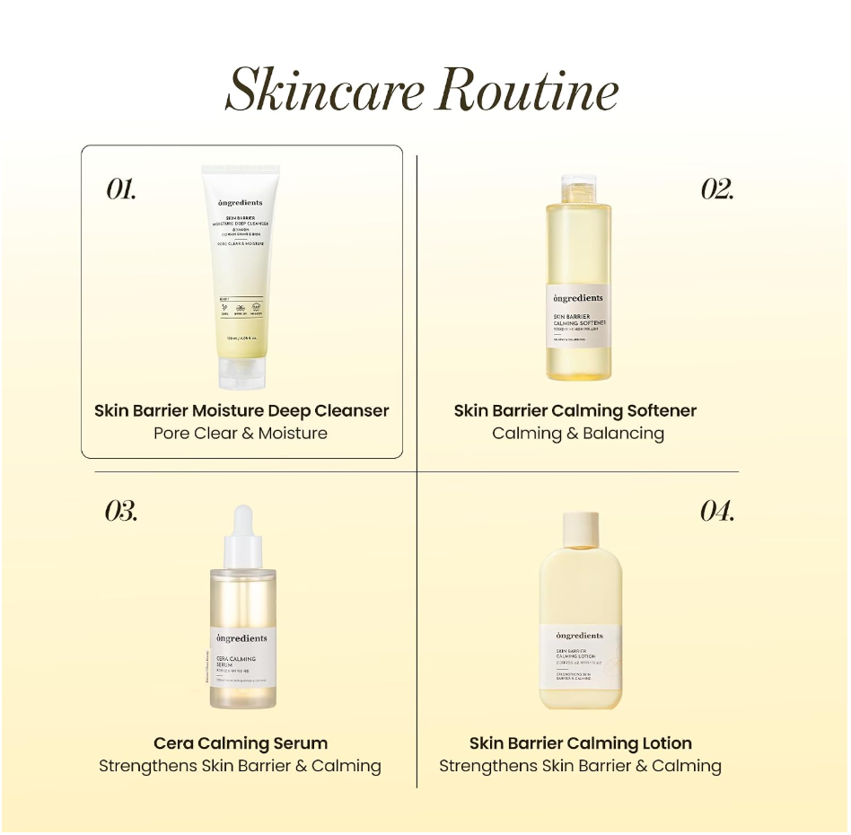 A skincare routine infographic on a pale cream background with the heading 'Skincare Routine.' It shows four labeled products arranged in a 2x2 grid: a cleanser tube, a softener bottle, a serum dropper bottle, and a lotion bottle, each with product name and English descriptors. Ongredients Skin Barrier Moisture Deep Cleanser 120ml