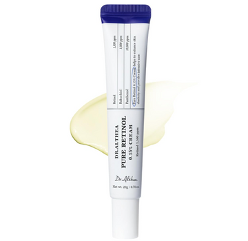 A tube of Dr. Althia Pure Puff Cream 0.15% against a white background with a pale yellow cream smear behind it. Dr. Althea Pure Retinol 0.15% Cream 20g