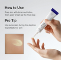 A hand holds a white sunscreen tube with a purple cap while dispensing cream onto the tip of another hand. Text on the image reads 'How to Use' and 'Pro Tip' with instructions about applying sunscreen after toner and lotion, plus a small inset showing cream swirled on skin. Dr. Althea Pure Retinol 0.15% Cream 20g