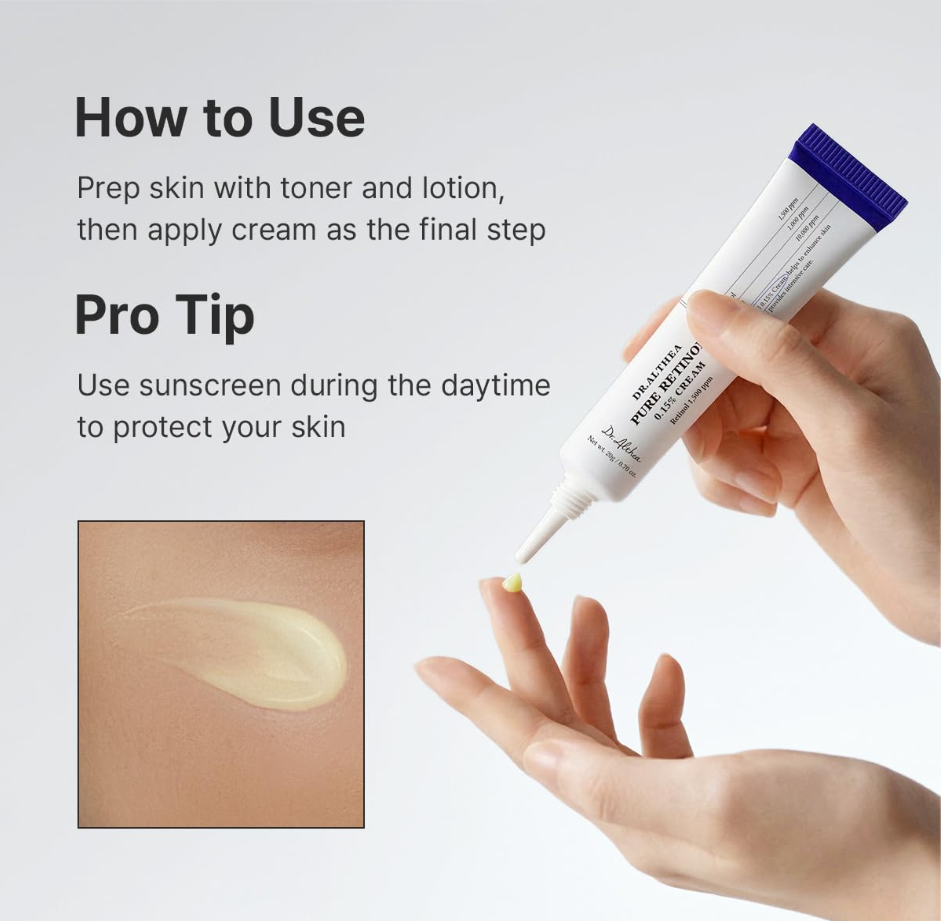 A hand holds a white sunscreen tube with a purple cap while dispensing cream onto the tip of another hand. Text on the image reads 'How to Use' and 'Pro Tip' with instructions about applying sunscreen after toner and lotion, plus a small inset showing cream swirled on skin. Dr. Althea Pure Retinol 0.15% Cream 20g