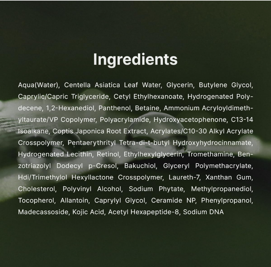 A text slide with the heading 'Ingredients' on a dark olive-green background, listing many cosmetic ingredients in white sans-serif text.Dr. Althea Pure Retinol 0.15% Cream 20g