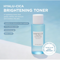 SKIN004 Hyalu-Cica Brightening Toner bottle on a light blue background with product text and feature callouts. The bottle is translucent light blue with a white cap and white label. Skin1004 Madagascar Centella Hyalu-Cica Brightening Toner 210ml