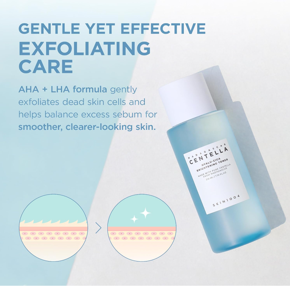 Beauty Centella Exfoliating Soap bottle in a frosted light blue color with a white cap, shown on a light blue and white graphic background with marketing text and skin layer diagrams. Skin1004 Madagascar Centella Hyalu-Cica Brightening Toner 210ml