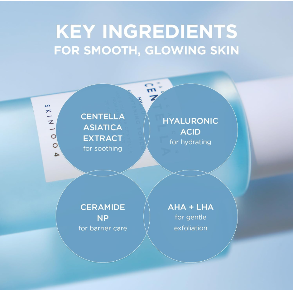 A skincare infographic on a light blue background with the headline 'KEY INGREDIENTS FOR SMOOTH, GLOWING SKIN.' A partially visible light blue bottle appears behind four circular callouts listing ingredients: centella asiatica extract for soothing, hyaluronic acid for hydrating, ceramide NP for barrier care, and AHA + LHA for gentle exfoliation. Skin1004 Madagascar Centella Hyalu-Cica Brightening Toner 210ml
