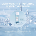 A bottle of Tonerica water-type toner centered inside a light blue circular graphic over a water splash background. Large text reads 'LIGHTWEIGHT & HYDRATING WATER-TYPE TONER,' with smaller text noting 'Naturally derived hue & scent' and a descriptive benefit statement below. Skin1004 Madagascar Centella Hyalu-Cica Brightening Toner 210ml
