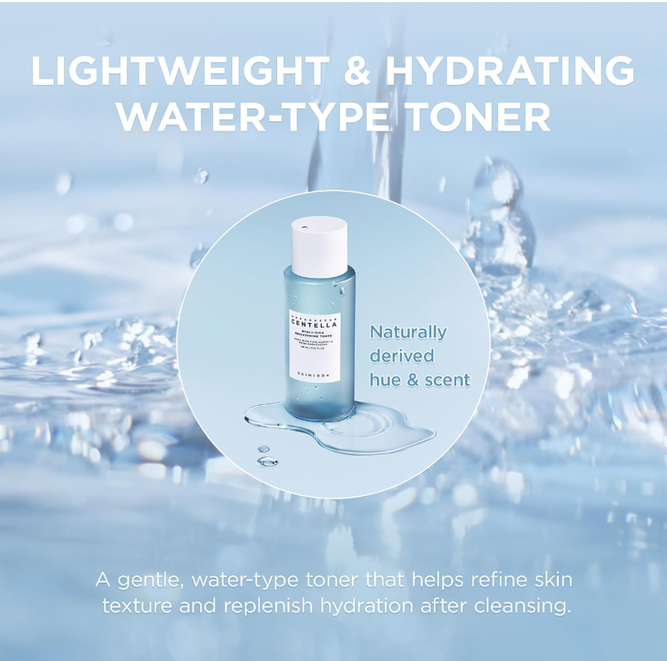 A bottle of Tonerica water-type toner centered inside a light blue circular graphic over a water splash background. Large text reads 'LIGHTWEIGHT & HYDRATING WATER-TYPE TONER,' with smaller text noting 'Naturally derived hue & scent' and a descriptive benefit statement below. Skin1004 Madagascar Centella Hyalu-Cica Brightening Toner 210ml