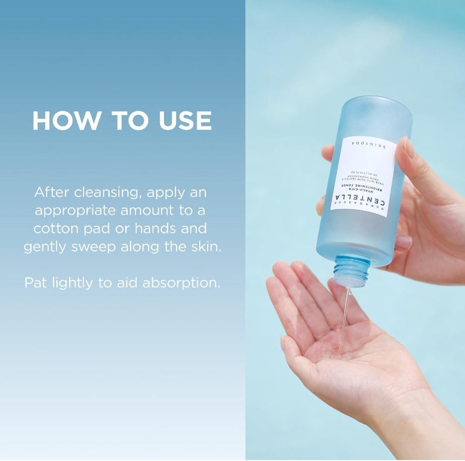 A hand holds a light blue bottle of CENTELLA cleansing liquid while pouring it into the palm of another hand, with text on the left explaining how to use the product. Skin1004 Madagascar Centella Hyalu-Cica Brightening Toner 210ml