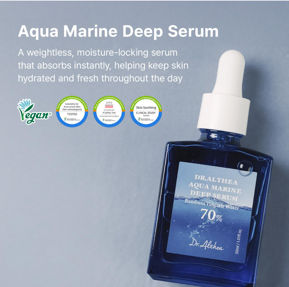 A bottle of Dr. Altea Aqua Marine Deep Serum with a white dropper cap, set against a textured blue-gray background with promotional text and badges. Dr. Althea Aqua Marine Deep Serum 30ml