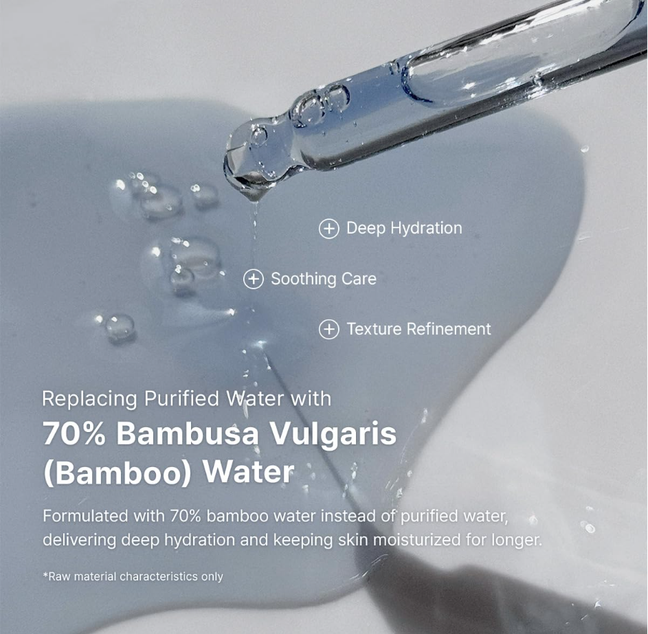 A close-up of a clear glass dropper releasing a transparent liquid onto a white surface, with marketing text stating it is 70% Bambusa vulgaris (bamboo) water and listing benefits like deep hydration, soothing care, and texture refinement. Dr. Althea Aqua Marine Deep Serum 30ml