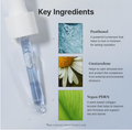 A skincare dropper bottle filled with clear liquid on a light gray background, next to a section titled 'Key Ingredients' with three ingredient callouts: Panthenol with a water droplet image, Guaiazulene with a daisy flower image, and Vegan PDRN with a green leaf image. Dr. Althea Aqua Marine Deep Serum 30ml