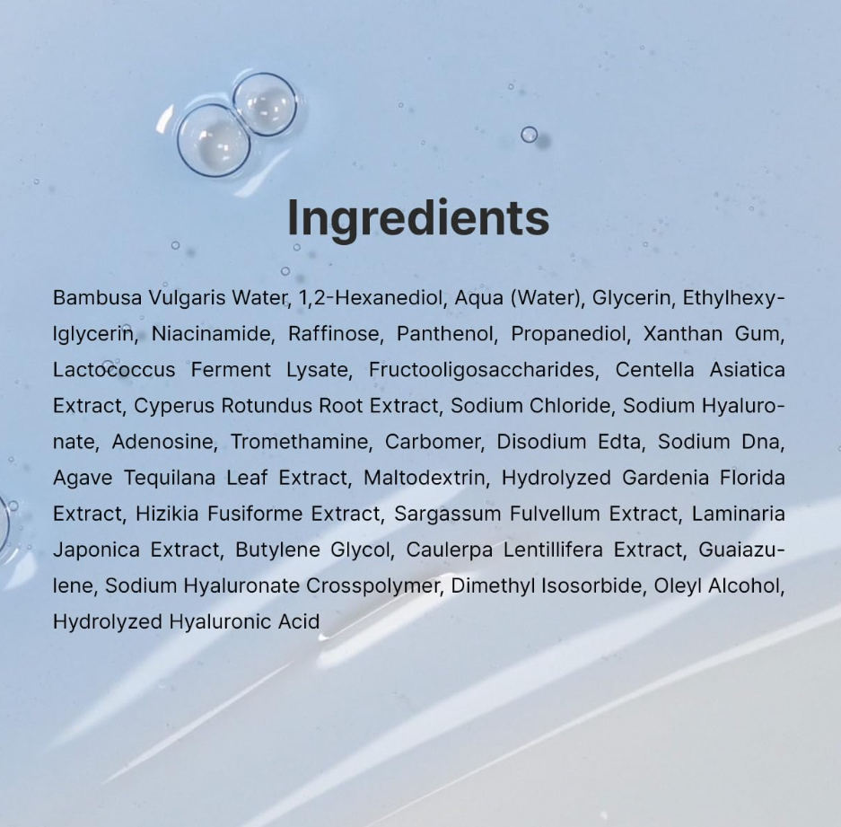 Ingredients list printed in black text on a pale blue background with soft water droplets and a faint diagonal sheen. Dr. Althea Aqua Marine Deep Serum 30ml