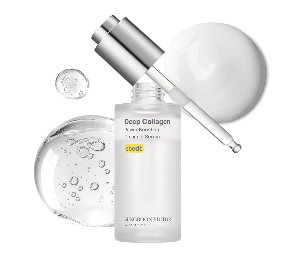 Sungboon Editor Deep Collagen Power Boosting Cream In Serum in a frosted white bottle with a silver dropper, shown with a large white droplet and a clear gel droplet on a white background. Sungboon Editor Deep Collagen Power Boosting Cream In Serum 30ml