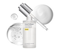 Sungboon Editor Deep Collagen Power Boosting Cream In Serum in a frosted white bottle with a silver dropper, shown with a large white droplet and a clear gel droplet on a white background. Sungboon Editor Deep Collagen Power Boosting Cream In Serum 30ml