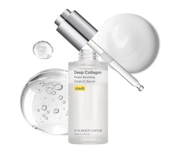 Sungboon Editor Deep Collagen Power Boosting Cream In Serum in a frosted white bottle with a silver dropper, shown with a large white droplet and a clear gel droplet on a white background. Sungboon Editor Deep Collagen Power Boosting Cream In Serum 30ml