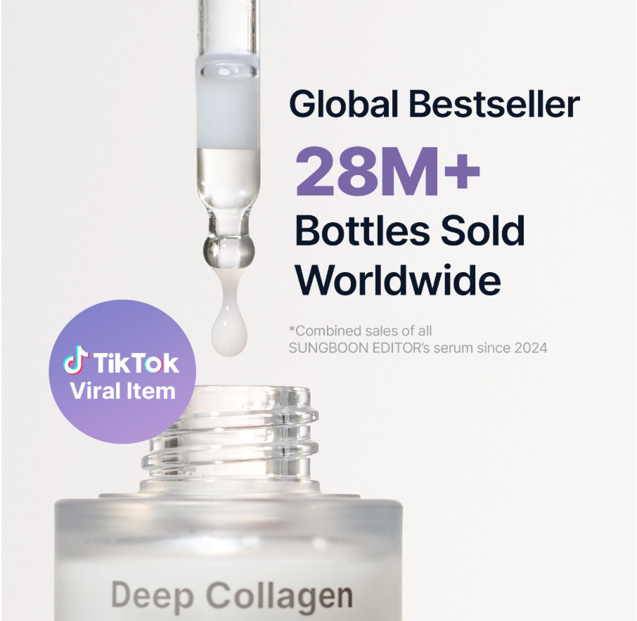 Sungboon Deep Collagen serum with a dropper, labeled as a global bestseller with 28M+ bottles sold worldwide. Sungboon Editor Deep Collagen Power Boosting Cream In Serum 30ml