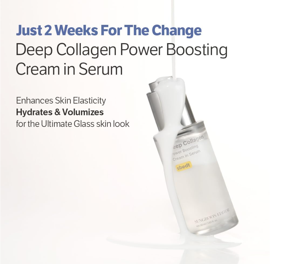 A serum bottle labeled 'Deep Collagen Power Boosting Cream in Serum' by Sunculinette, shown on a clean white background with promotional text about deep collagen and skin elasticity. Sungboon Editor Deep Collagen Power Boosting Cream In Serum 30ml