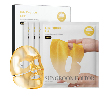 Sungboon Editor Silk Peptide EGF Intensive Gold Mask packaging shown with a sheet mask and a translucent gold mask on a white background. Sungboon Editor Silk Peptide EGF Intensive Gold Mask 4ea