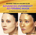 Advertisement for an advanced overnight 4D firming mask with before and after effects on a woman's face. Sungboon Editor Silk Peptide EGF Intensive Gold Mask 4ea