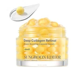 A clear cosmetic jar filled with yellow gel and translucent capsule-like spheres, labeled 'Deep Collagen Retinol Power Boosting Capsule Cream' by sbdt and SUNGBOON EDITOR. A small white spatula above holds one yellow capsule sphere on a clean white background. Sungboon Editor Deep Collagen Retinol Power Boosting Capsule Cream 50ml