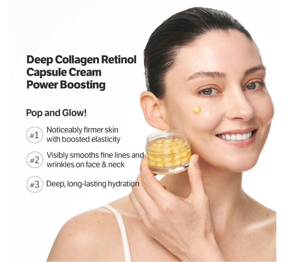 A clear cosmetic jar filled with yellow gel and translucent capsule-like spheres, labeled 'Deep Collagen Retinol Power Boosting Capsule Cream' by sbdt and SUNGBOON EDITOR. A small white spatula above holds one yellow capsule sphere on a clean white background. Sungboon Editor Deep Collagen Retinol Power Boosting Capsule Cream 50ml