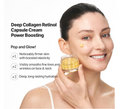 A woman holds a small clear jar filled with yellow capsules against a white background, with text describing Deep Collagen Retinol Capsule Cream and bullet points about skin benefits. Sungboon Editor Deep Collagen Retinol Power Boosting Capsule Cream 50ml
