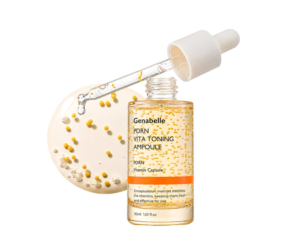 Genabelle Porn Vita Toning Ampoule skincare bottle with a white dropper and a glass dropper showing golden serum droplets, on a white background. Genabelle PDRN Vita Toning Ampoule 30ml