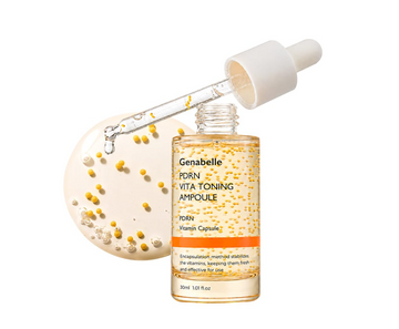Genabelle Porn Vita Toning Ampoule skincare bottle with a white dropper and a glass dropper showing golden serum droplets, on a white background. Genabelle PDRN Vita Toning Ampoule 30ml