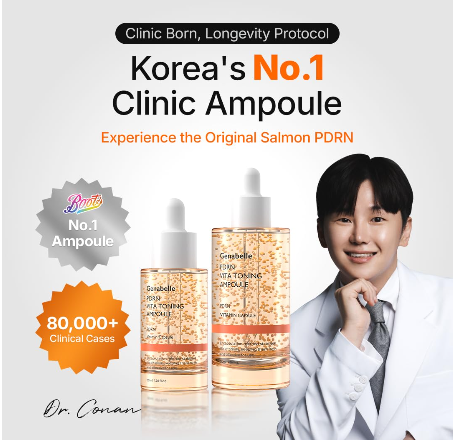 Promotional graphic for 'Clinic Born, Longevity Protocol' featuring two amber dropper bottles labeled 'Gencellibio Fish Oil Young Ampoule' next to a smiling man in a white lab coat. Text highlights 'Korea's No. Genabelle PDRN Vita Toning Ampoule 30ml