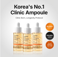 Three amber glass ampoules with white dropper caps are shown on a light gray background with promotional text reading 'Korea's No.1 Clinic Ampoule' and badge callouts on the right. Genabelle PDRN Vita Toning Ampoule 30ml