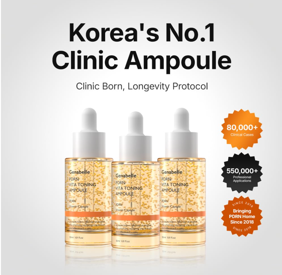 Three amber glass ampoules with white dropper caps are shown on a light gray background with promotional text reading 'Korea's No.1 Clinic Ampoule' and badge callouts on the right. Genabelle PDRN Vita Toning Ampoule 30ml