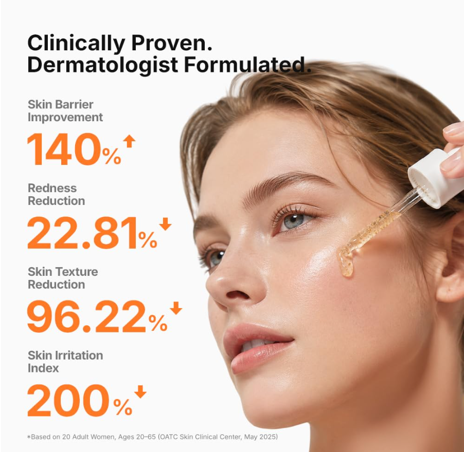 A close-up of a woman's face receiving skincare treatment, with a dropper applying a golden serum to her cheek. Text on the left reads 'Clinically Proven. Genabelle PDRN Vita Toning Ampoule 30ml