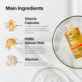 An informational graphic titled 'Main Ingredients' on a light gray background, showing a bottle of golden serum in a glass dish alongside labeled callouts for Vitamin Capsules, PDRN Salmon DNA, and Allantoin. Genabelle PDRN Vita Toning Ampoule 30ml