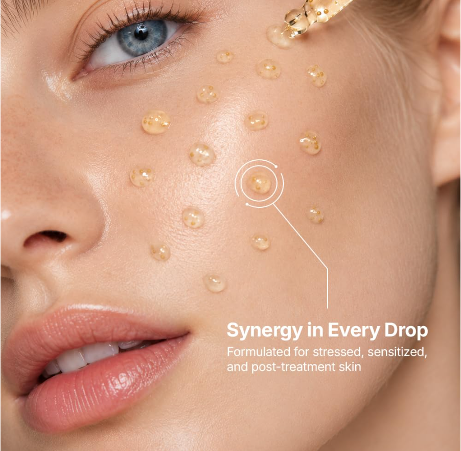 Close-up of a person's face with clear gel drops applied to the skin and a gold dropper at the top right. White text reads 'Synergy in Every Drop' and 'Formulated for stressed, sensitized, and post-treatment skin. Genabelle PDRN Vita Toning Ampoule 30ml