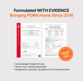 Promotional graphic with the headline 'Formulated WITH EVIDENCE Bringing PDRN Home Since 2018' above two document-style panels showing certification and quality certificate text, plus a red/orange 'Formulated Dermatologist Tested Formula' seal and bullet points about dermatologist-tested formula, gentle non-irritating absorption, and suitability for stressed/sensitized/post-treatment skin. Genabelle PDRN Vita Toning Ampoule 30ml