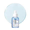 Wellage Real Hyaluronic Blue Ampoule 100 in a clear glass dropper bottle with a white cap, set against a light blue circular graphic on a white background. Wellage Real Hyaluronic Blue Ampoule 100 60ml